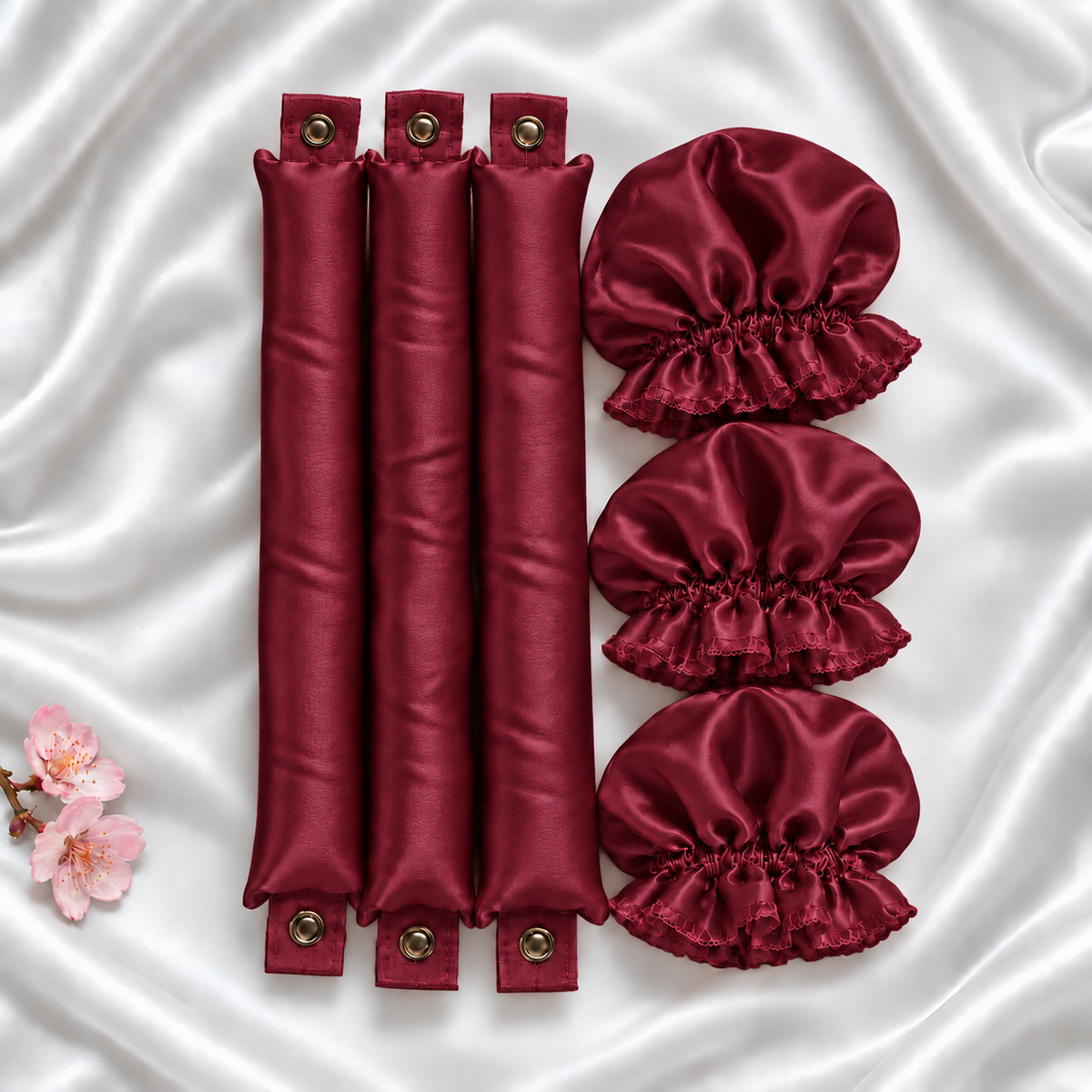 3 çıtçıtlı saten saç sosisi ve 3 saten bone, bordo