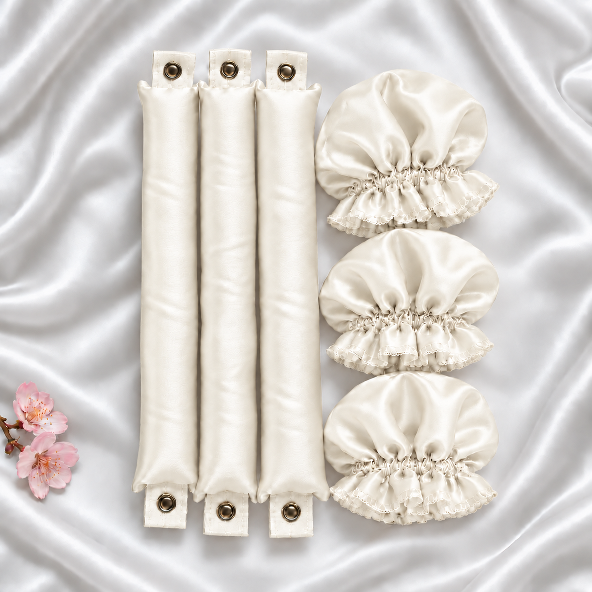 3 çıtçıtlı saten saç sosisi ve 3 saten bone, ekru
