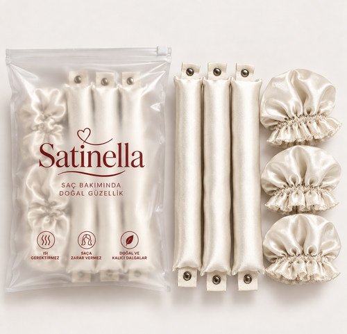 Satinella 3'lü saç sosisi ve bone seti, ekru, şeffaf klipsli saklama poşetinde