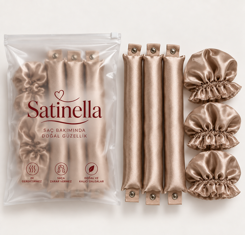 Satinella 3'lü saç sosisi ve bone seti, kapiçino, şeffaf klipsli saklama poşetinde
