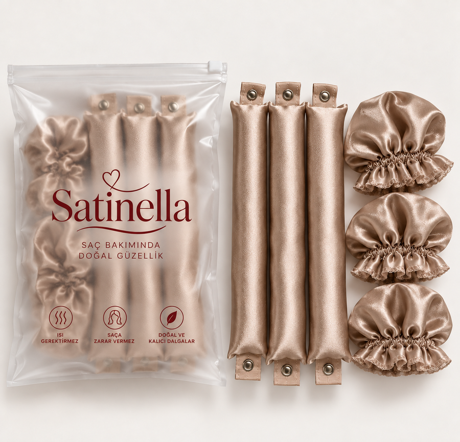 Satinella 3'lü saç sosisi ve bone seti, kapiçino, şeffaf klipsli saklama poşetinde