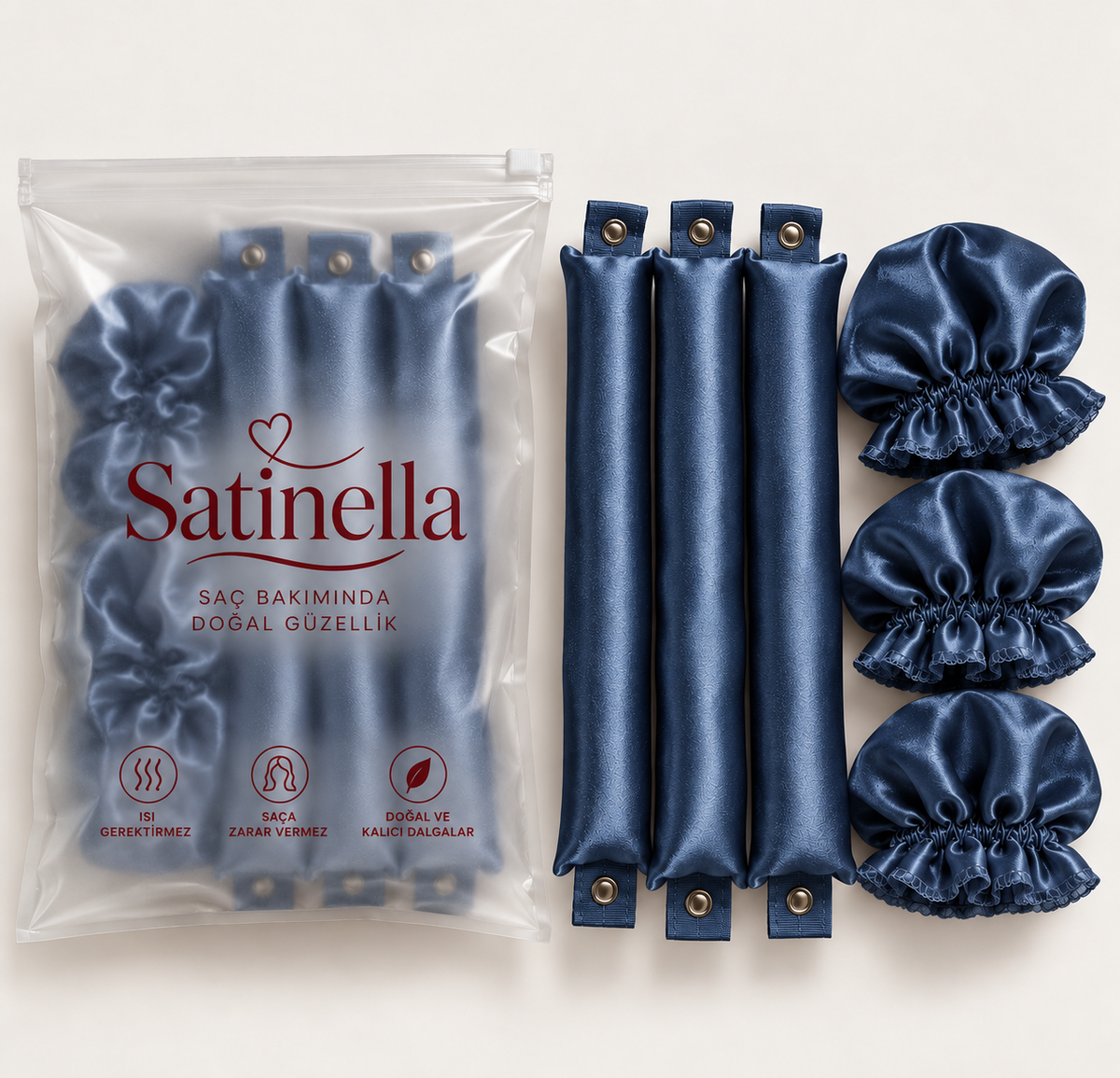 Satinella 3'lü saç sosisi ve bone seti, lacivert, şeffaf klipsli saklama poşetinde