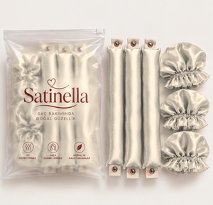 Satinella 3'lü saç sosisi ve bone seti, ekru, şeffaf klipsli saklama poşetinde