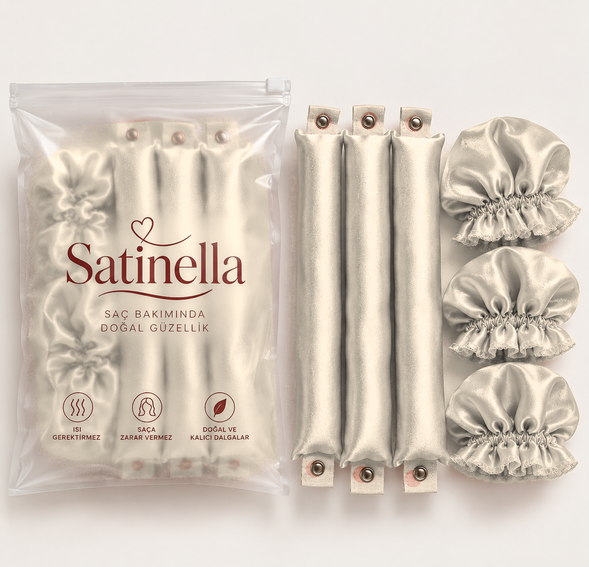 Satinella 3'lü saç sosisi ve bone seti, ekru, şeffaf klipsli saklama poşetinde